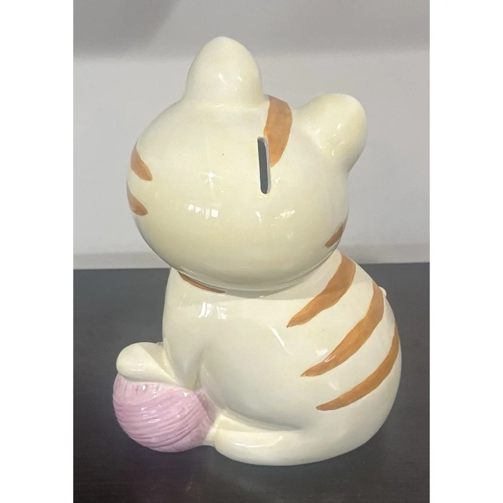 Ceramic Winking Striped Cat Piggy Bank Kitty Kitten Flower Yarn 12